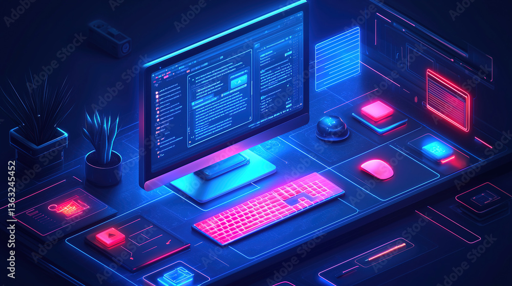 Poster modern office workspace with neon lighting and advanced technology setup for productivity