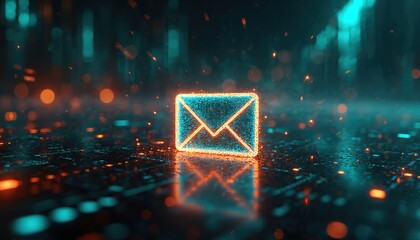 Glowing email symbol over abstract digital background. Represents digital email marketing, data center, internet advertising. Sending documents digitally using email. Generative AI, cyberspace,