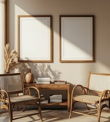 Two blank frames on wall in sunlit room with rattan chairs and wooden table.