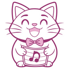 Cheerful Cartoon Cat with Bow Tie Holds Music Sheet in Purple Outline Style
