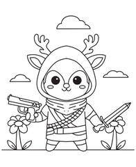 Coloring book deer warrior with a gun and sword, standing between flowers under a cloudy sky