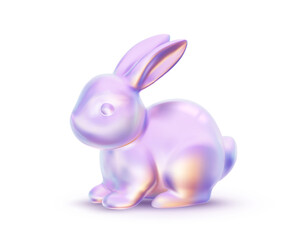 Vector realistic illustration of shiny holographic color bunny with long ear isolated on white background. 3d cartoon style design of shine neon animal rabbit in sitting pose for holiday easter card
