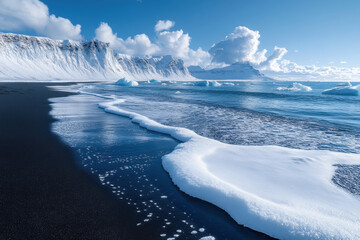 A beautiful beach with a large wave and a large body of water