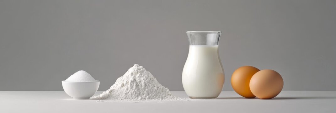 Baking Ingredients Flour Eggs Milk Sugar - Simple baking ingredients: flour, sugar, eggs, milk, and butter symbolize homemade goodness, culinary creativity, sweet treats, wholesome nourishment