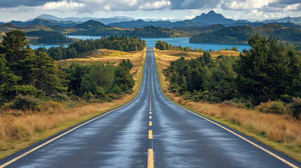 Obraz premium Scenic road stretches towards stunning lake and mountain landscape under dramatic skies in the countryside