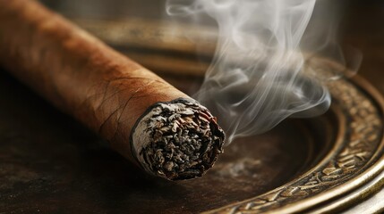 Close-up of expensive smoking Cuban cigar in a bronze ashtray. Luxury lifestyle concept