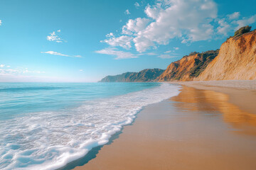 A beautiful beach with a large body of water and a few trees in the background