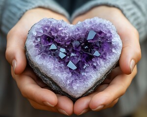 Human hands cupping a heart shaped amethyst geode crystal
