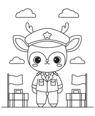 Coloring book deer pilot in uniform with a cap, standing between luggage and flags under a cloudy