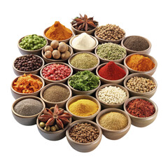 Variety of Spices in Wooden Bowls, Isolated on Transparent Background, Top View, Culinary Composition, Spice, Herb, Ingredient