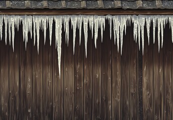 Transparent ice stalactites hanging vertically from a dark brown wooden surface, winter cold atmosphere, natural crystalline texture.