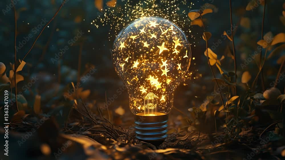 Poster A light bulb filled with glowing sparkles illuminates a natural environment while surrounded by greenery and soft textures