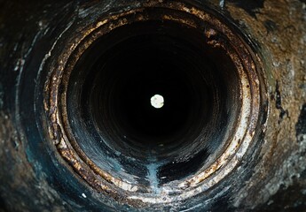 Rusted pipe interior with depth perspective, corroded metallic texture, dramatic lighting from distance, industrial scene with light and shadow contrast.
