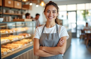 Happy young woman pastry shop owner smiles proudly. Cheerful female baker in apron at bakery store. Concept small business, selling baked goods, desserts, confectionery.