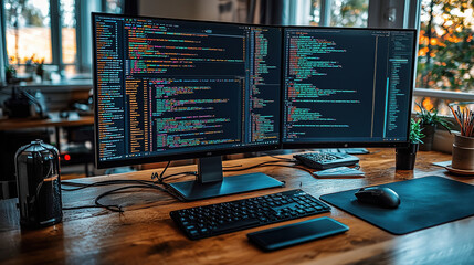 Dual monitor setup showcasing coding environment in a modern workspace during the afternoon light