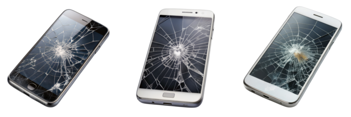 Three Broken Smartphones  Cracked Screen Composition, Isolated on Transparent Background, Mobile Phone Damage, Smartphone repair, screen damage, cracked glass