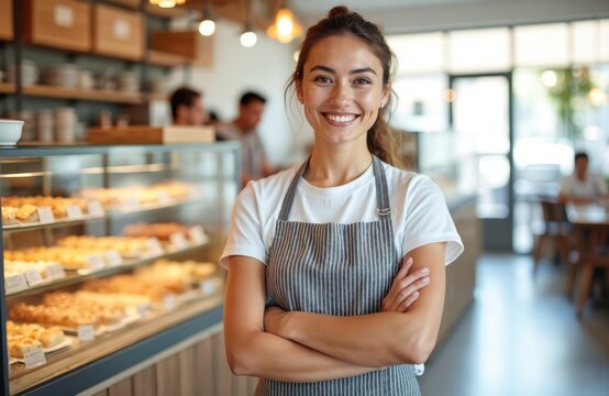 Happy young woman pastry shop owner smiles proudly. Cheerful female baker in apron at bakery store. Concept small business, selling baked goods, desserts, confectionery.