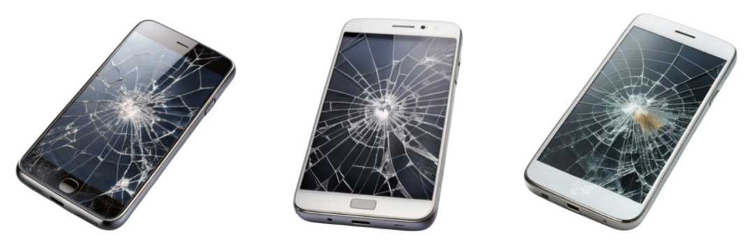 Three Broken Smartphones  Cracked Screen Composition, Isolated on Transparent Background, Mobile Phone Damage, Smartphone repair, screen damage, cracked glass - Powered by Adobe
