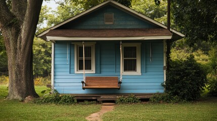 A small rural house with a front porch swing, rocking gently in the breeze --ar 16:9 --v 6.1 Job ID: 04715949-0013-48eb-8c48-ef3494a554c3
