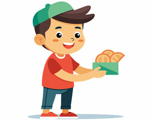 Young boy giving Eidi money vector icon, traditional Eid gift exchange illustration
