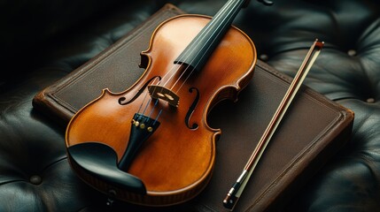 Fototapeta premium Violin resting on a leather-bound book