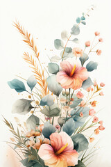 A Beautifully Arranged Watercolor Botanical Composition Featuring a Harmonious Mix of Delicate Tropical Leaves and Soft Florals