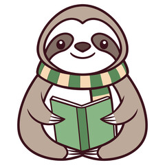 Cartoon Brown Sloth with Scarf Reading Book on White Background