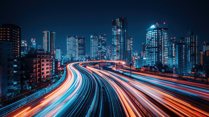 Fototapeta premium City skyline shines with vibrant lights and dynamic traffic flows in a bustling urban environment at night