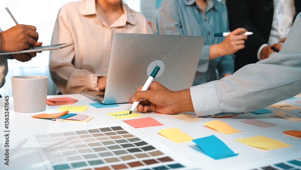 Poster a dynamic brainstorming session featuring a diverse team in a modern office. participants engage wit