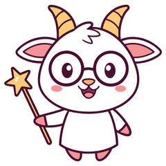 Cartoon Goat Character With Glasses Holding a Magic Wand on White Background