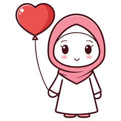 Cartoon Muslim Girl Holding Heart Balloon. Isolated with Outline Style