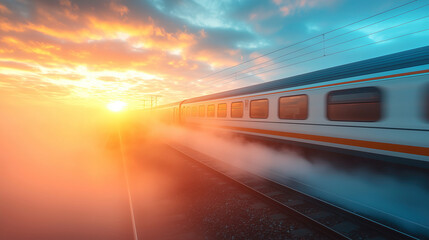 Naklejka premium Vibrant sunset view as a train speeds along tracks, leaving a trail of steam in the air