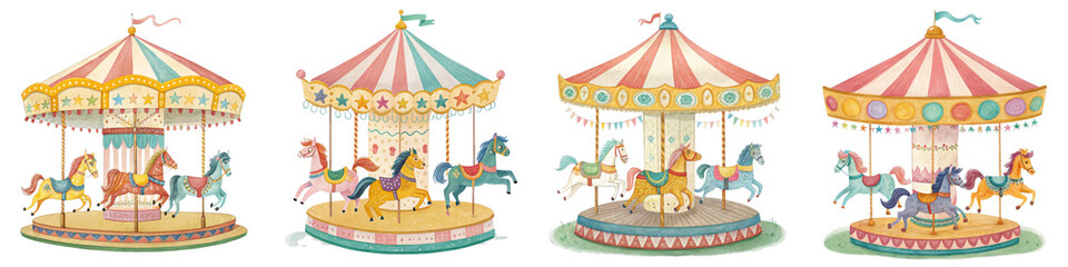 Four Watercolor Carousel Illustrations, Isolated on Transparent Background, Fairytale Theme, Clipart, Merry-Go-Round, Carousel, illustration, watercolor