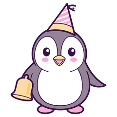 Cartoon Penguin Character with Party Hat and Bell on a Transparent Background