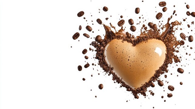 Coffee Heart Splash - A heart-shaped coffee creation with a splash of coffee beans and grounds, perfect for Valentine's Day or coffee-themed projects