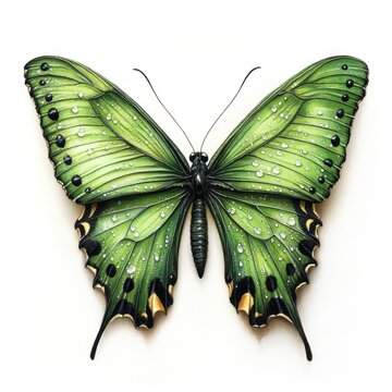 Green butterfly with water droplets on its wings.