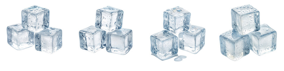 Four Ice Cubes Stacks, Isolated on Transparent Background, Crystal Clear Ice, Cold Drink Concept, ice cubes, transparent background, ice