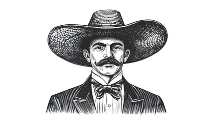 Vintage sketch engraving PNG of man in wide-brimmed hat with mustache and bow tie in black and white style