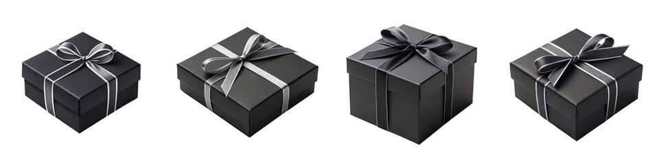 Four Black Gift Boxes with Silver Ribbon Bows, Isolated on Transparent Background, 3D Render, Mockup, Present, Gift box, Packaging, Black and silver