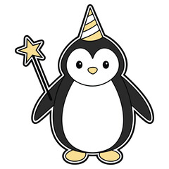 Cartoon Penguin with Party Hat and Star Wand on Transparent Background