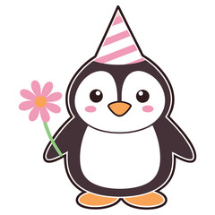 Cartoon Penguin with Pink Party Hat Holds Pink Flower on White Background