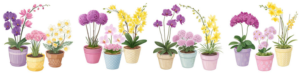 Obraz premium Collection of Potted Orchids and Hyacinths, Isolated on Transparent Background, Floral Arrangement, Spring Flowers, Orchids, Hyacinths, Potted Plants