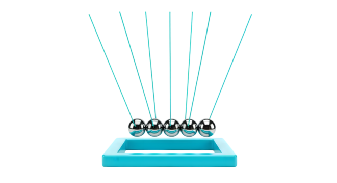 Reflection of metallic spheres in a turquoise base demonstrating Newton's Cradle concept with dynamic motion and vibrant light beams in a minimalist setting