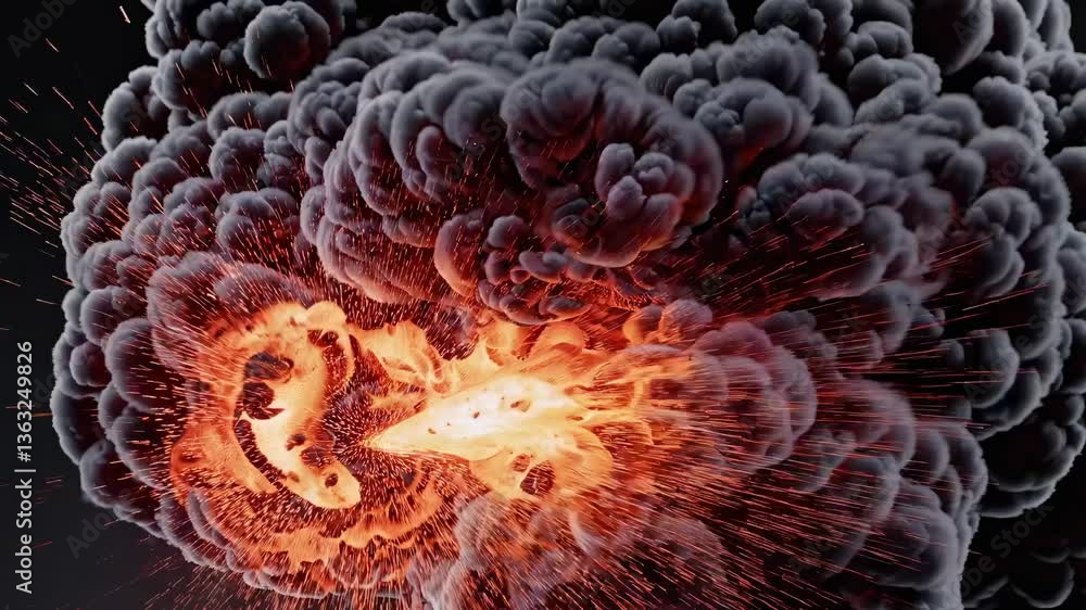Poster dynamic video of a fiery explosion with billowing smoke, captured from a low-angle, emphasizing the 