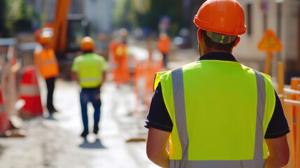 Workers in bright safety vests and helmets are actively engaged at busy urban construction site, focusing on various tasks. scene is bustling with activity and equipment