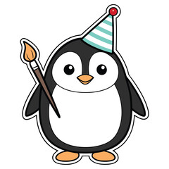 Cheerful Penguin Wearing Party Hat Holding Paintbrush with Transparent Background