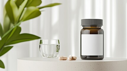 A bottle of matte brown jar with a blank white label on the table next to beige pills. 6