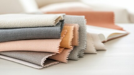 Designer workspace featuring Pantone swatches and fabric samples in blush and grey hues for refined creativity and inspiration