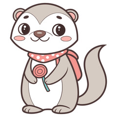 Cute Cartoon Ferret with Scarf Holding Candy Isolated on Transparent Background