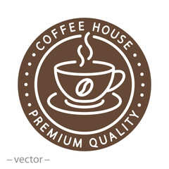 flat vector illustration, text premium quality coffee drink, coffee house emblem, cup icon, round logo